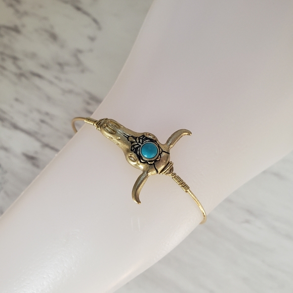 Goldtone and Turquoise Bead Steer Skull Bangle - Picture 7 of 7